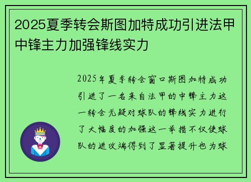 2025夏季转会斯图加特成功引进法甲中锋主力加强锋线实力 2025夏季转会斯图加特成功引进法甲中锋主力加强锋线实力