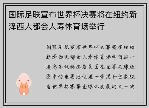 国际足联宣布世界杯决赛将在纽约新泽西大都会人寿体育场举行